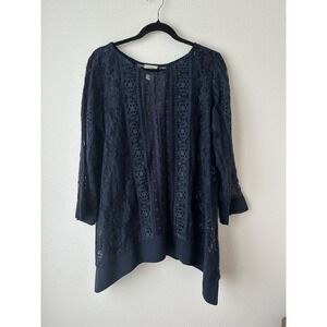 Sundance Navy Lace Sheer Blouse Top 3/4 Sleeve Handkerchief‎ Hem Women's Size M